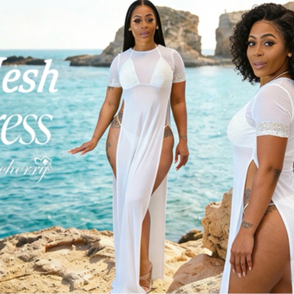 Amazon White Sheer Maxi Swim Cover-Up with Lace Trim